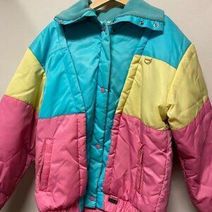 VINTAGE Colour Block Design Snow Togs Brand Coat 90s Y2K Pink Blue Yellow Jacket